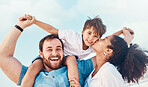 Beach, father and a mother kiss child on the cheek while on a vacation, holiday or adventure. A woman, man and kid on shoulders for a portrait outdoor of summer fun and travel with multiracial family