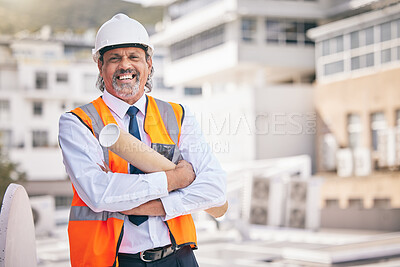 Buy stock photo Man, portrait and architecture blueprint for city planning, project management and building construction for outdoor. Builder, contractor or civil engineering of boss or person with floor plan design