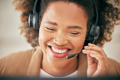 Buy stock photo Call center, african woman and face of happy telemarketing agent consulting for customer service, tech support or CRM advice. Female business consultant, communication and smile at telecom help desk