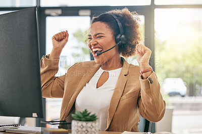Buy stock photo Business woman, call center and celebrate at computer for winning, sales bonus or telemarketing goals. Happy African consultant with pride of success, achievement or fist of good news at desktop
