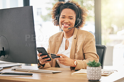 Buy stock photo Call center agent, portrait and woman with credit card for telemarketing, ecommerce and discount on smartphone in office. Happy African female consultant, sales trading and mobile for online banking 