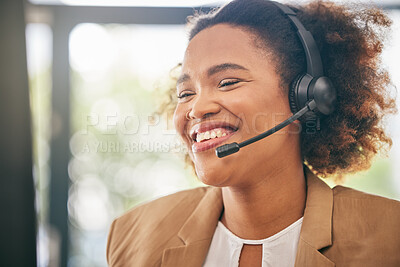 Buy stock photo Call center, face and happy woman in customer service agency for sales advice, tech support or CRM contact. African business consultant smile for online communication at telemarketing help desk