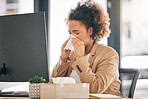 Corporate, blowing nose and woman with a sneeze, sick or allergies with virus, fatigue or health issue while working at office. Female person, employee or allergy with illness, cold or flu with sinus