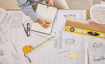 Buy stock photo Above, blueprint and hands with notes for architecture, construction planning and building design. Desk, architect and writing a goal for infrastructure ideas, creativity and a contractor strategy