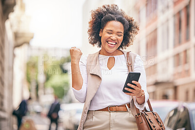 Happy woman, phone and city in celebration for winning, bonus promotion or outdoor sale discount. Excited female person with fist pump in happiness on mobile smartphone for good news in an urban town