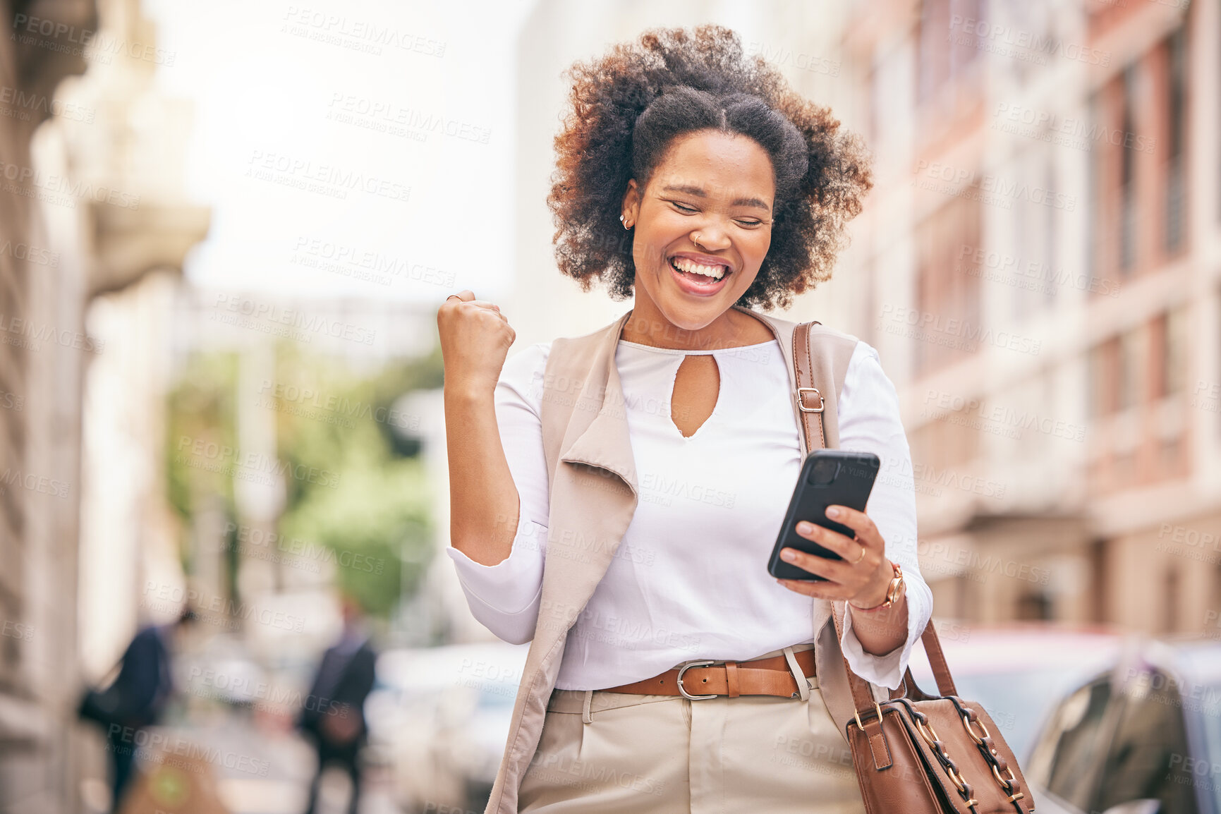 Buy stock photo Happy woman, phone and city in celebration for winning, bonus promotion or outdoor sale discount. Excited female person with fist pump in happiness on mobile smartphone for good news in an urban town