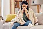Tissue, blow nose and woman on sofa for home self care with virus, sick and healthcare or allergies. Sinus, cleaning and young person on living room couch with allergy for medical or health insurance