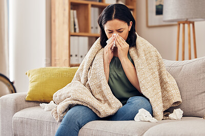 Buy stock photo Tissue, blow nose and woman on sofa for home self care with virus, sick and healthcare or allergies. Sinus, flu and person on living room couch with allergy for medical or health and wellness risk