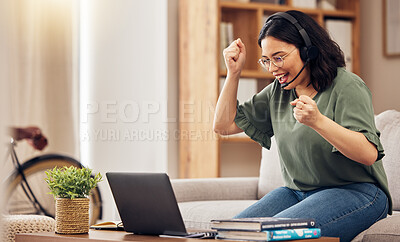 Buy stock photo Laptop, winner and woman for e learning, work from home opportunity and student goals, achievement or college news. Yes, success or excited young person reading university information and celebration