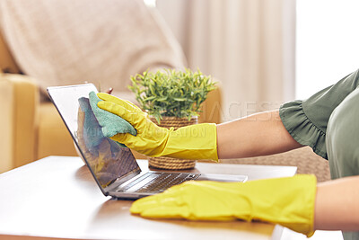 Buy stock photo Cleaning, laptop and hands of woman in home with rubber gloves for hygiene, disinfection and washing. Cleaner service, housekeeping and closeup of female maid wipe dust, dirt and stain on computer