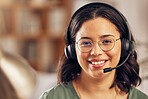 Woman, portrait and call center for work from home office with smile, headphones and mic for crm communication. Customer service, tech support and agent for contact us, help desk or telemarketing job
