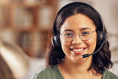 Buy stock photo Woman, portrait and call center for work from home office with smile, headphones and mic for crm communication. Customer service, tech support and agent for contact us, help desk or telemarketing job