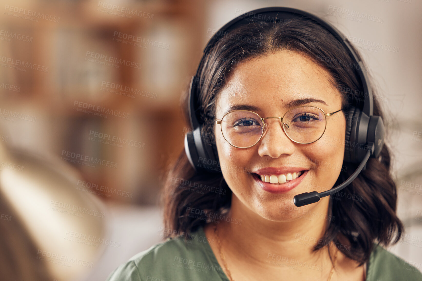 Buy stock photo Woman, portrait and call center for work from home office with smile, headphones and mic for crm communication. Customer service, tech support and agent for contact us, help desk or telemarketing job
