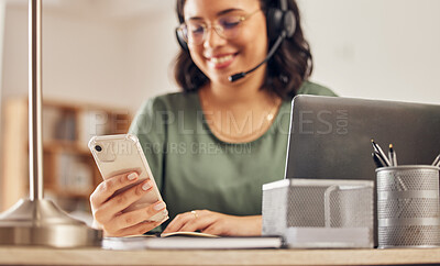 Buy stock photo Woman, smartphone and typing in call center for communication, chat support or CRM consulting. Hands of virtual assistant texting on cellphone, reading telemarketing notification or contact for sales