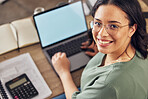 Budget, laptop screen and woman for home finance, taxes documents and online balance or information mockup. Person portrait, bills and calculator, computer with income, rent or loan application space