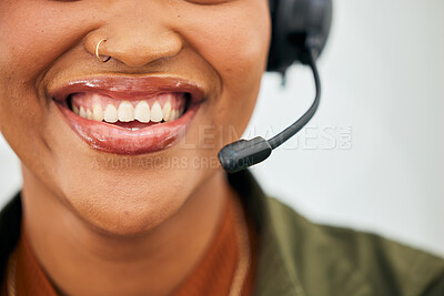 Buy stock photo Call center, woman mouth and smile of telemarketing agent with microphone for customer service, web support or CRM. Closeup face of happy female sales consultant for telecom questions, FAQ or contact