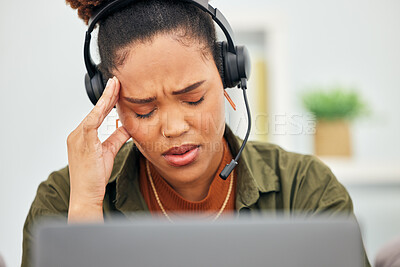 Buy stock photo Stress, call center and headache of woman at laptop in customer service agency with pain, burnout or anxiety. Face, frustrated and tired black female consultant in challenge of client account problem
