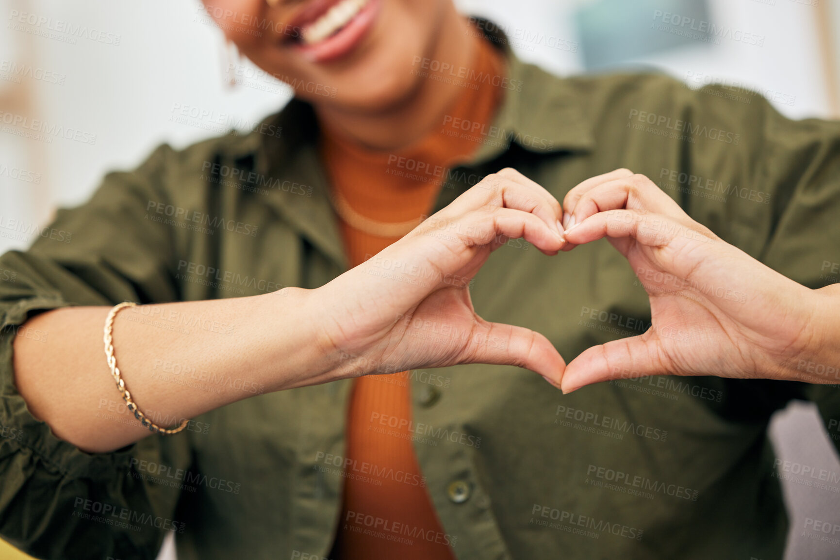 Buy stock photo Woman, heart and hands closeup for care, kindness and emoji for charity, peace and wellness. Happy female person with finger shape for self love, thank you and trust of hope, support sign and icon