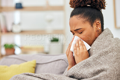 Buy stock photo Sick, woman and blowing nose with blanket in home from hayfever allergies, cold and winter virus. Face, tissue and black female person sneeze from influenza allergy, health problem and sinusitis risk