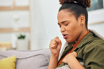Buy stock photo Sick, cough and woman in home with health problem of flu, cold or medical virus. Black female person, pain and coughing for asthma attack, tuberculosis and sore throat of allergy, lungs or pneumonia