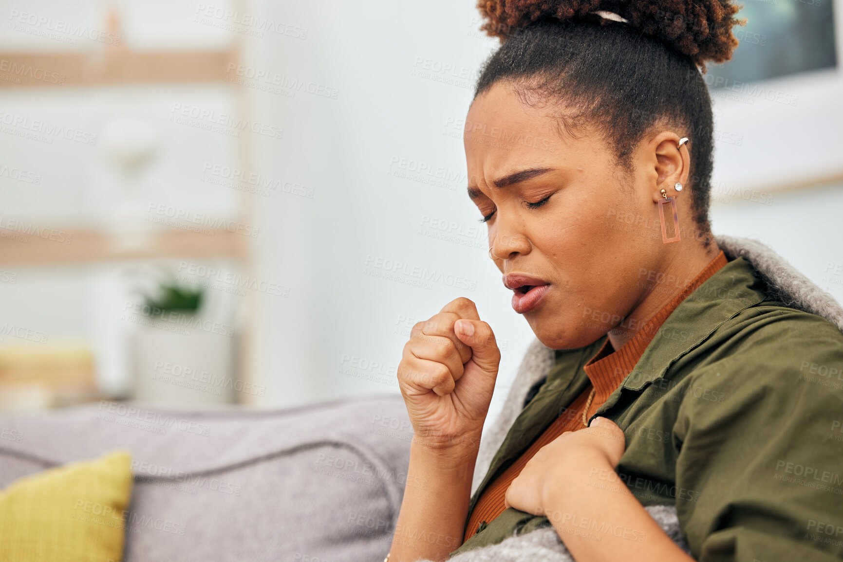 Buy stock photo Sick, cough and woman in home with health problem of flu, cold or medical virus. Black female person, pain and coughing for asthma attack, tuberculosis and sore throat of allergy, lungs or pneumonia