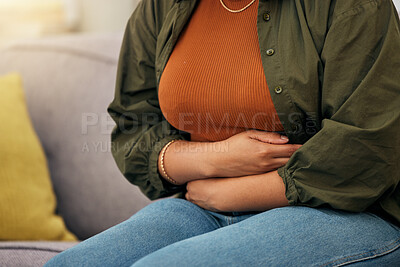 Buy stock photo Sick woman, stomach pain and hands on abdomen for ibs, digestion and nausea of pms, virus or anxiety. Closeup female person, menstruation or belly problem of constipation, gut health or endometriosis