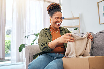 Buy stock photo Online shopping, happy woman on sofa with package unboxing, discount fashion retail gift in living room. Delivery of designer clothes, ecommerce and girl on couch with box from website sale or deal.