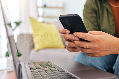 Buy stock photo Woman, hands and phone in social media, communication or online networking in living room at home. Closeup of female person or freelancer typing, chatting or texting on mobile smartphone app in house