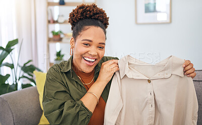 Buy stock photo Fashion, influencer and a black woman streamer unboxing a clothes outfit in her home. Social media, brand deal and a happy female content creator recording a live broadcast for subscription service