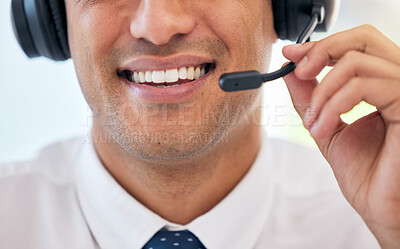 Buy stock photo Happy man, smile and headphones with mic in call center for customer service, support or telemarketing at office. Closeup of male person, consultant or agent mouth for friendly online advice or help