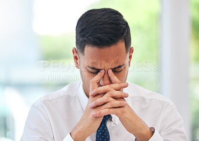 Buy stock photo Tired, headache and face of business man in office with anxiety, mental health problem and bankruptcy. Frustrated, burnout and stress of male employee working with fatigue, debt risk and challenge