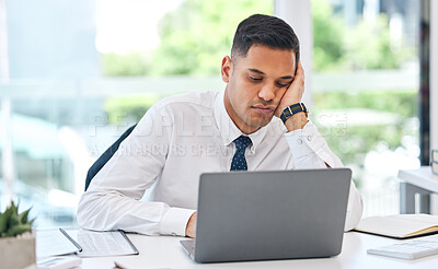 Buy stock photo Bored, tired and business man at laptop in office with stress, anxiety or burnout for tax audit. Lazy, sad and frustrated employee working at computer with challenge, problem or fatigue of boring job