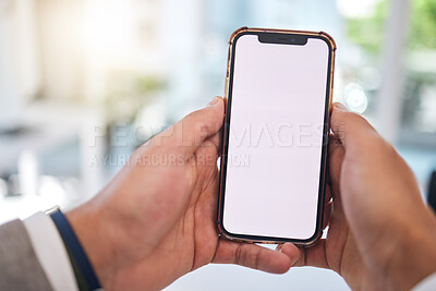 Buy stock photo Hands, blank phone screen and man in office with mockup space, web design or ux for mobile app logo. Business person pov, smartphone and ui for brand, promotion and networking in financial workplace