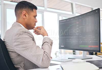 Buy stock photo Businessman, thinking and stock market for financial investment, trading or cryptocurrency at office. Man, broker or trader monitoring finance, profit or increase on graph or chart on PC at workplace