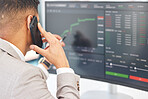 Businessman, phone call and stock market for financial investment, trading or cryptocurrency at office. Man, broker or trader monitoring finance for profit, advice or graph increase on PC screen