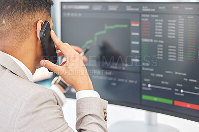 Buy stock photo Businessman, phone call and stock market for financial investment, trading or cryptocurrency at office. Man, broker or trader monitoring finance for profit, advice or graph increase on PC screen