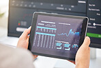 Tablet in hands, statistics and stock market with fintech and trading, invest and financial graph on dashboard. Finance information, trader person and cryptocurrency, data analysis, charts and app