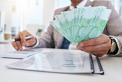 Buy stock photo Businessman, money and documents with calculator for accounting, budget planning or finance on office desk. Closeup of man or accountant hands with cash for savings, audit or salary at the workplace