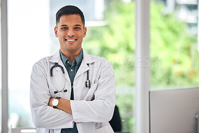 Buy stock photo Smile, portrait of man and doctor with arms crossed in hospital or clinic. Face, medical professional or confident surgeon, happy expert or employee from Brazil ready for healthcare, wellness or work