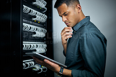 Buy stock photo Engineer man, tablet and thinking in server room inspection, coding and check for analysis, night or programming. Information technology expert, touchscreen or database for mindset, idea or solution