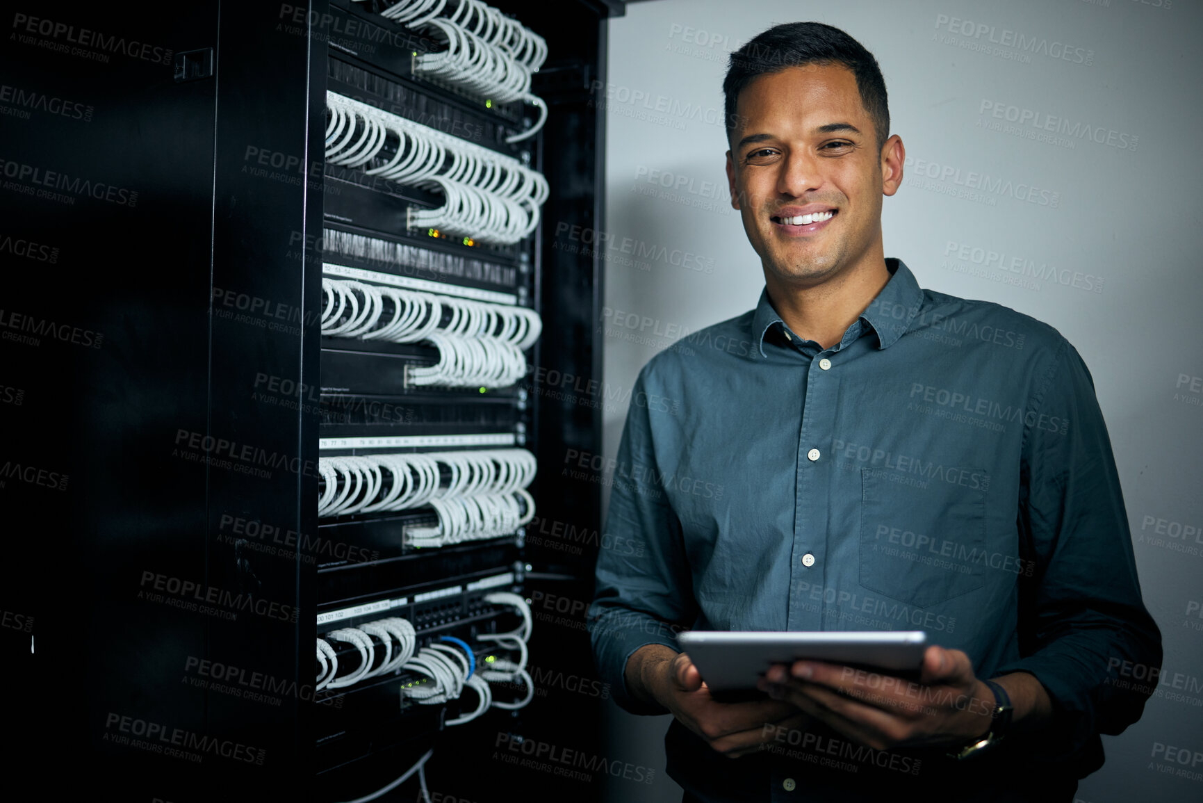 Buy stock photo Engineer man, tablet and portrait in server room with smile, coding and check for analysis, night or programming. Information technology expert, touchscreen and happy for cybersecurity with database