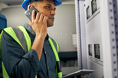 Buy stock photo Phone call, man and engineering in control room or technician with switchboard, power box or maintenance on generator. Electrician, construction worker and check on inverter, server and advice