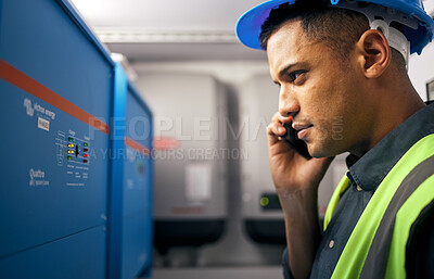 Buy stock photo Phone call, man and technician working in control room or engineering service on switchboard, power box or maintenance on generator. Electrician, construction worker and check on inverter and advice