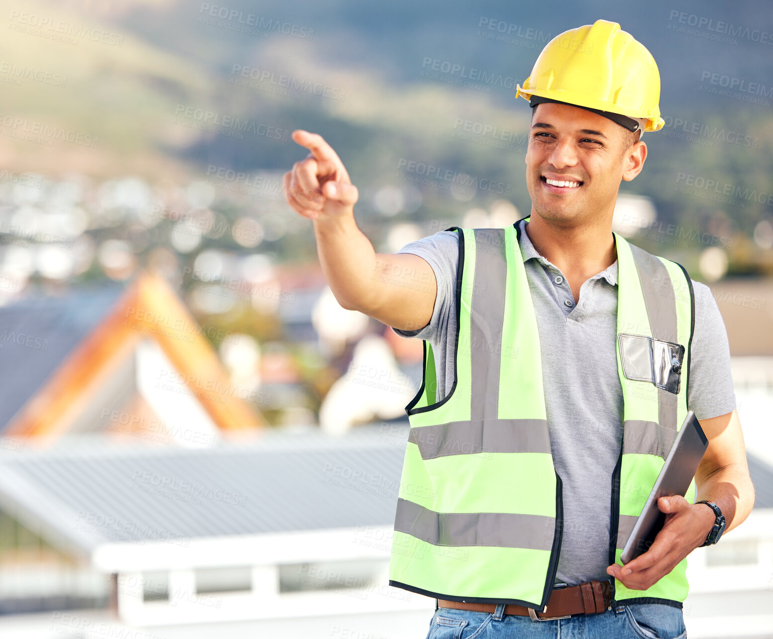 Buy stock photo Construction, man and pointing for inspection, civil engineering and property site in city with tablet. Happy contractor, architect and show development of buildings, urban project and infrastructure