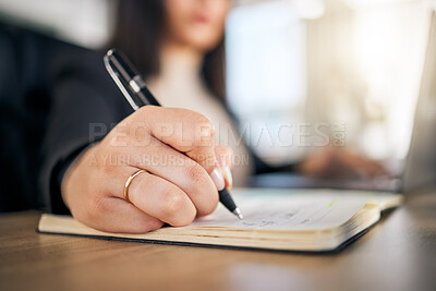 Buy stock photo Business woman, hands and writing in book for planning, reminder or idea strategy on office desk. Closeup of female person, accountant or employee for schedule plan in notebook, diary or journal