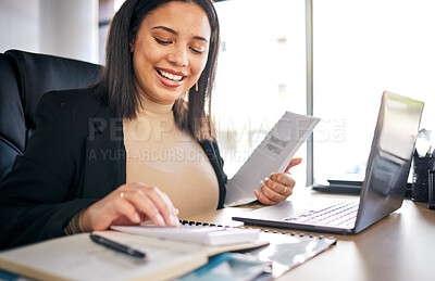 Buy stock photo Accountant, woman and working with calculator for documents, financial report or analysis of audit, taxes or budget. Finance, employee or happy with investment, profit or planning growth in business