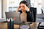 Woman, call center and headache in stress, mistake or client problem on laptop at office desk. Frustrated female person, consultant or agent with bad head pain, anxiety or burnout at the workplace