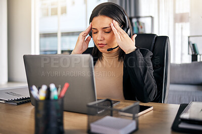 Buy stock photo Woman, call center and headache in stress, mistake or client problem on laptop at office desk. Frustrated female person, consultant or agent with bad head pain, anxiety or burnout at the workplace