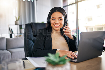 Buy stock photo Happy woman, call center and laptop with headphones in remote work for customer service or support at home office. Friendly female person, consultant or freelance agent smile in online advice or help