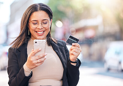 Buy stock photo Woman, credit card and phone in street with smile for deal, sale or discount on payment for online shopping. Girl, smartphone and fintech for cybersecurity, e commerce and thinking for choice on app